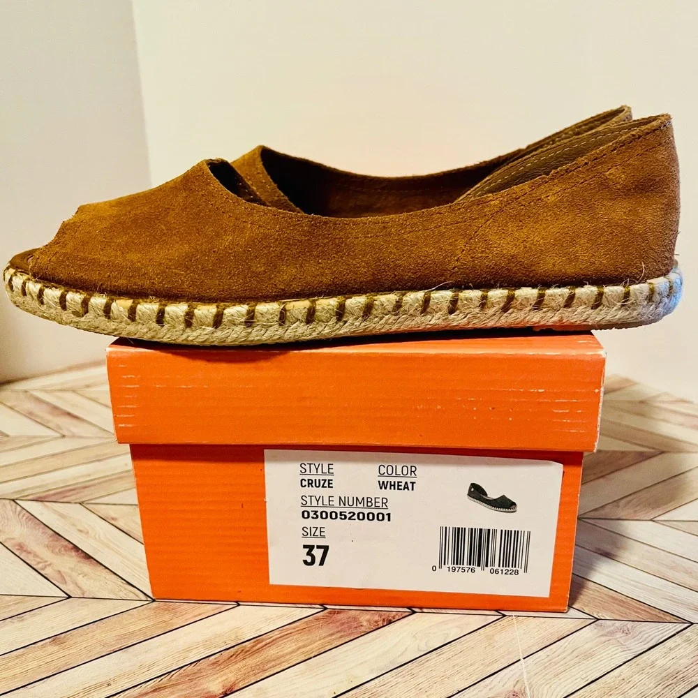 Miz Mooz‎ Cruze Wheat Suede Leather Espadrille Flats US 6.5 EU 37 Peep Toe Brown